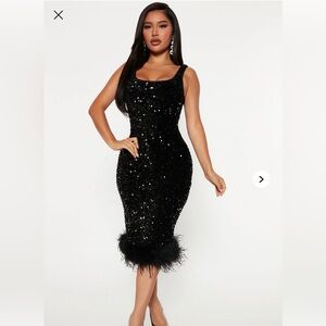 Black Sequin Feather-Hem Cocktail Dress